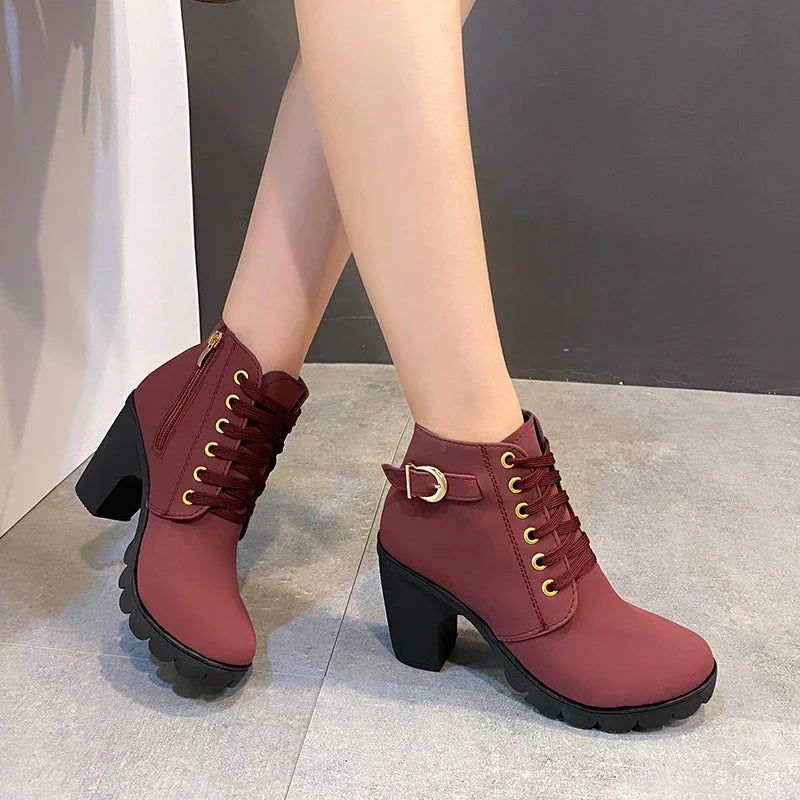 Xajzpa  Boots Women Shoes Women Fashion High Heel Lace Up Ankle Boots Ladies Buckle Platform Artificial Leather Shoes bota feminina