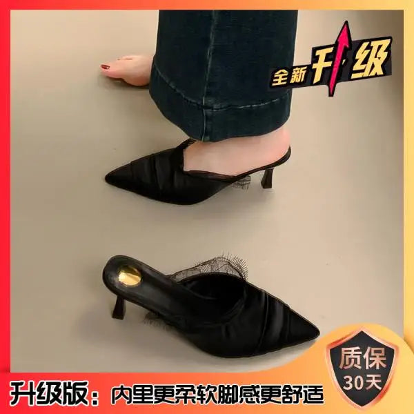 Xajzpa Female Shoes Slippers Women Summer Slides Thin Heels Cover Toe Heeled Mules Lace 2025 High Pointed Shoes Woman 2025 Female Mule