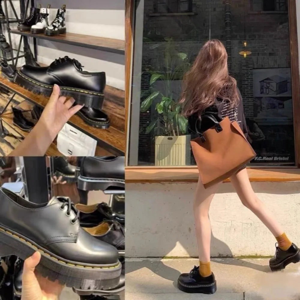 Xajzpa Autumn New Fashion Black Round Head Lace-up Solid Color Womens Loafers Casual Thick Soled Leather Women's Thick Soled Shoes