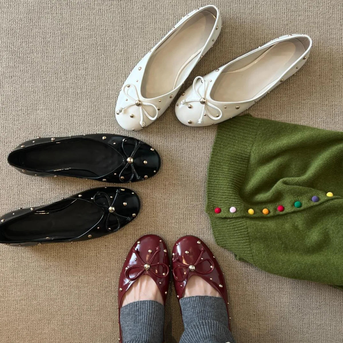 Xajzpa New Women Flat Shoes Autumn Round Toe Shallow Mouth Patent Leather Butterfly Knot Rivet Casual Shoes Soft Sole Single Shoes