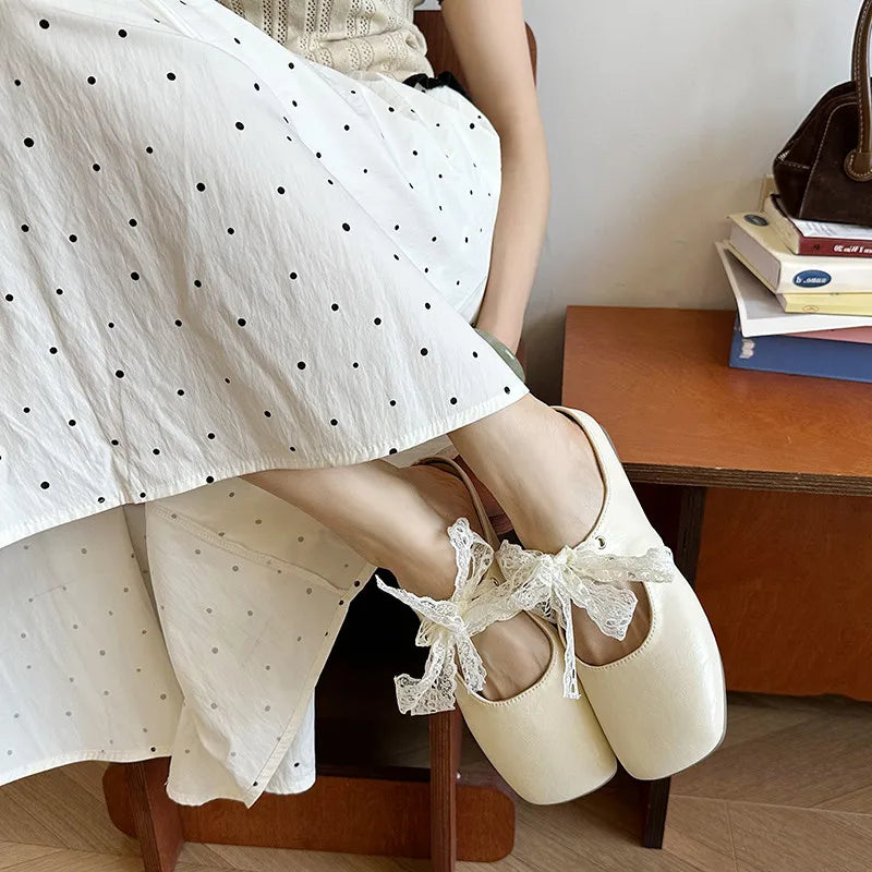 Xajzpa Square heel Slippers Women Summer Shoes Lace Pantofle Slides Cover Toe Block Riband Sweet Shoes Cover Toe Square heel Slipp