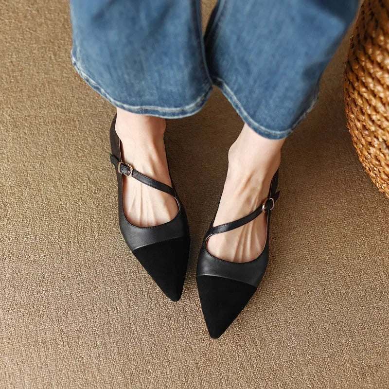 Xajzpa Women Flat Women's Pointed Toe Retro Single Shoes One Word Buckle Round Mary Jane Shoes Ballerina Flats Mujer