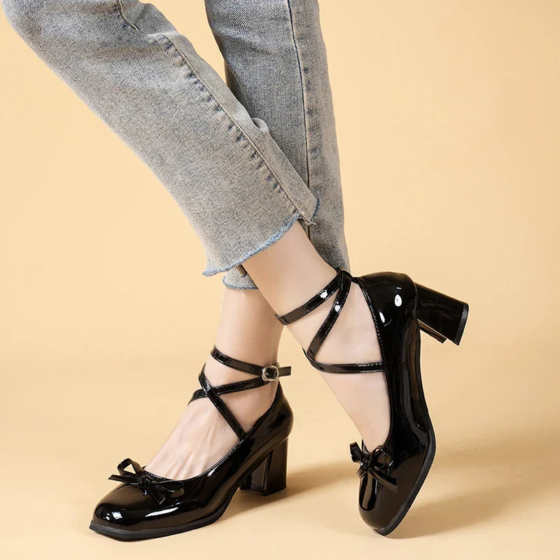 Xajzpa Black Retro Cross-Tie Pumps Casual Summer Round Toe Shoes Ladies Sweet Fashion Shoes Woman Bow Design