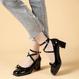 Xajzpa Black Retro Cross-Tie Pumps Casual Summer Round Toe Shoes Ladies Sweet Fashion Shoes Woman Bow Design