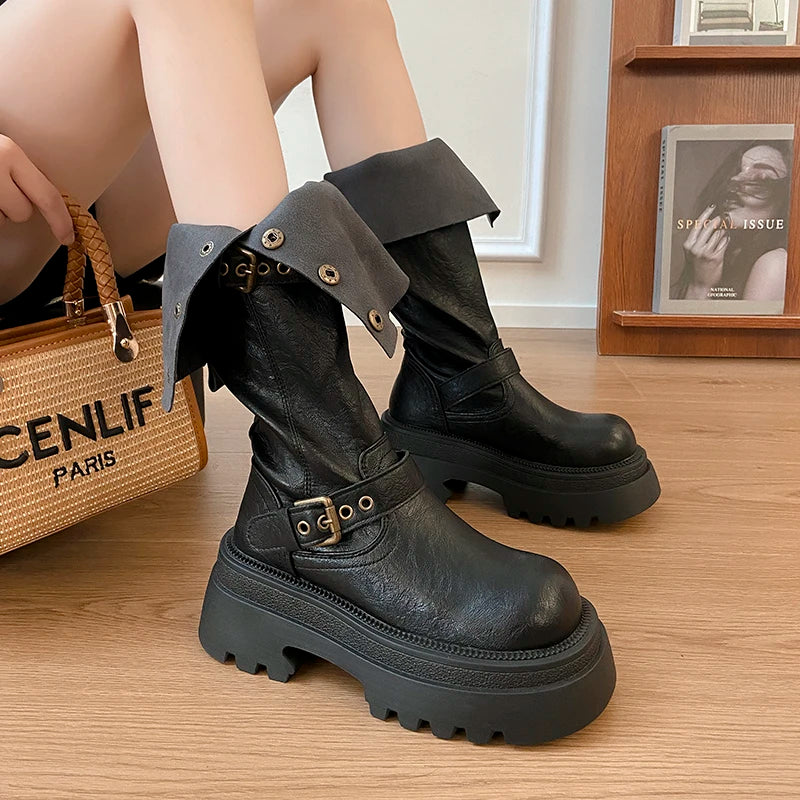 Xajzpa New Women's Shoes Basic Classics Knee-High Boot Women Belt Buckle Side Zip Round Toe Wedge Platform Shoes Ladies Zapatos Mujer