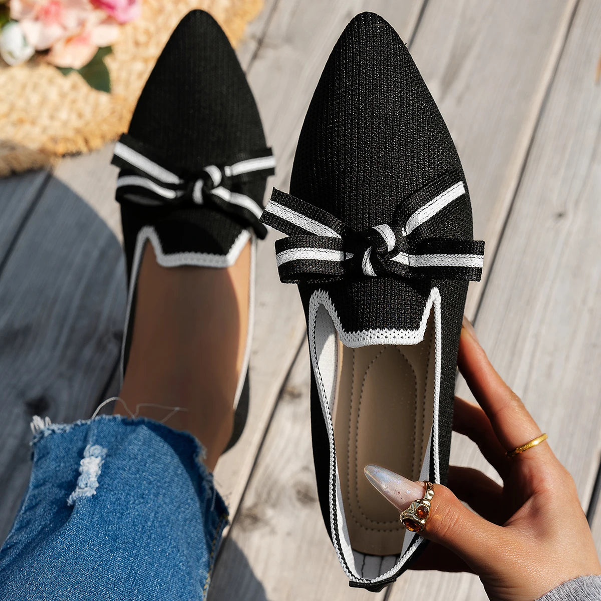 Xajzpa New Women Flats Shoe Knitted Slip Breathable Comfortable Solid Color Shoes Casual Pointed Toe Walking Loafers Sneakers