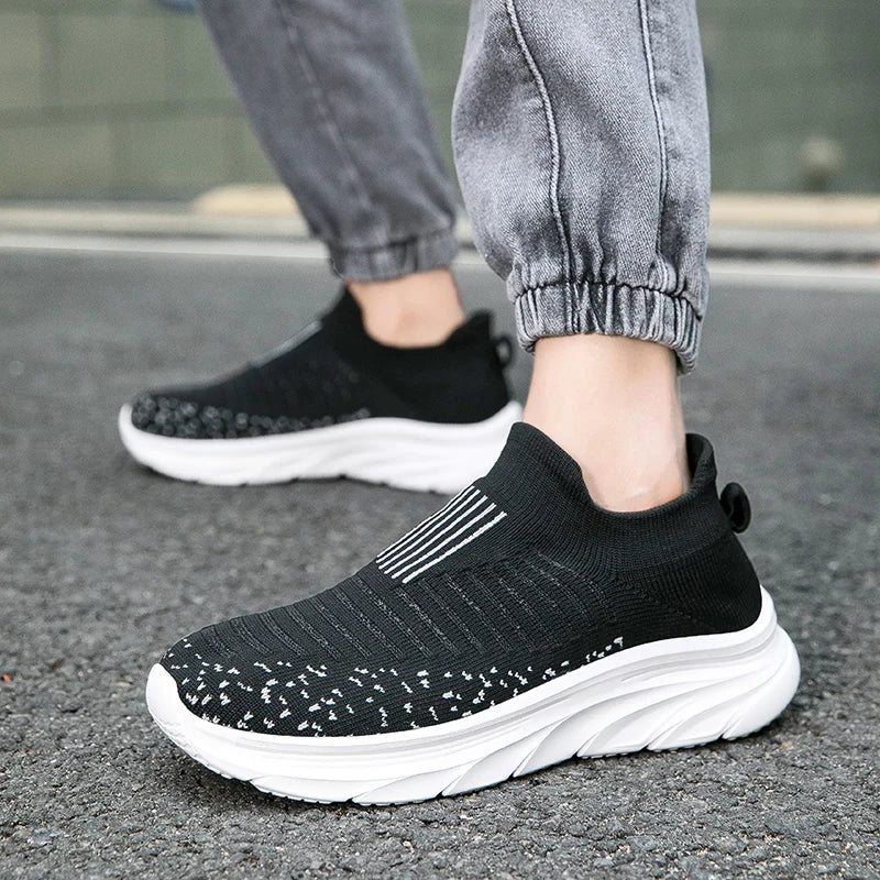 Xajzpa Men Flat Shoes Lazy Plus Size Socks 39-50 High Elasticity Knitted Fabric Comfortable Black Sports Shoes for Walking and Running