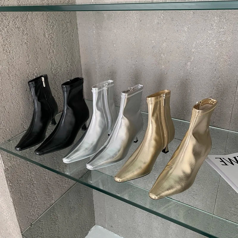 xajzpa Spring New Pointed Toe Women Ankle Boots Ladies Eelgant Thin Low Heel Chelsea Shoes Soft Leather Short Boots