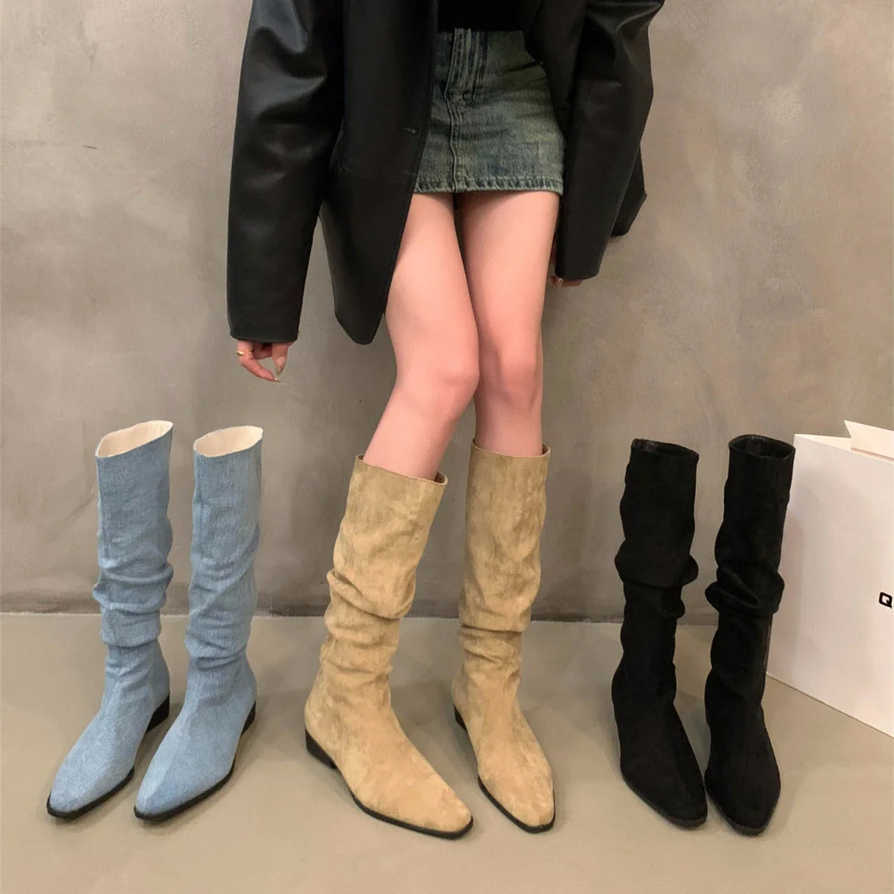 Xajzpa  Women Knee High Boots Autumn Winter Female Shoes Fashion Female Slip-on Folds Low Heel Pointed Toe Long Boots Botas De Mujer