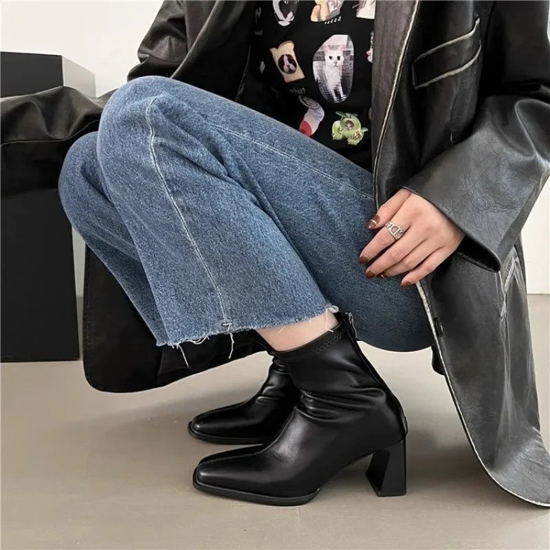 Xajzpa New Style Fashion Women's Autumn Cow Leather Retro Square Toe Zipper High Heels Ankle Boots Square Heel All Match Women Shoes