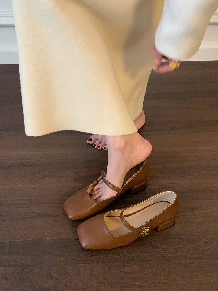 Xajzpa Shoes Branded Pumps Chunky Sandals Shallow Mouth Clogs for Women Slim Heels Mary Jane Square Toe Fashion Spring Retro Block Afri