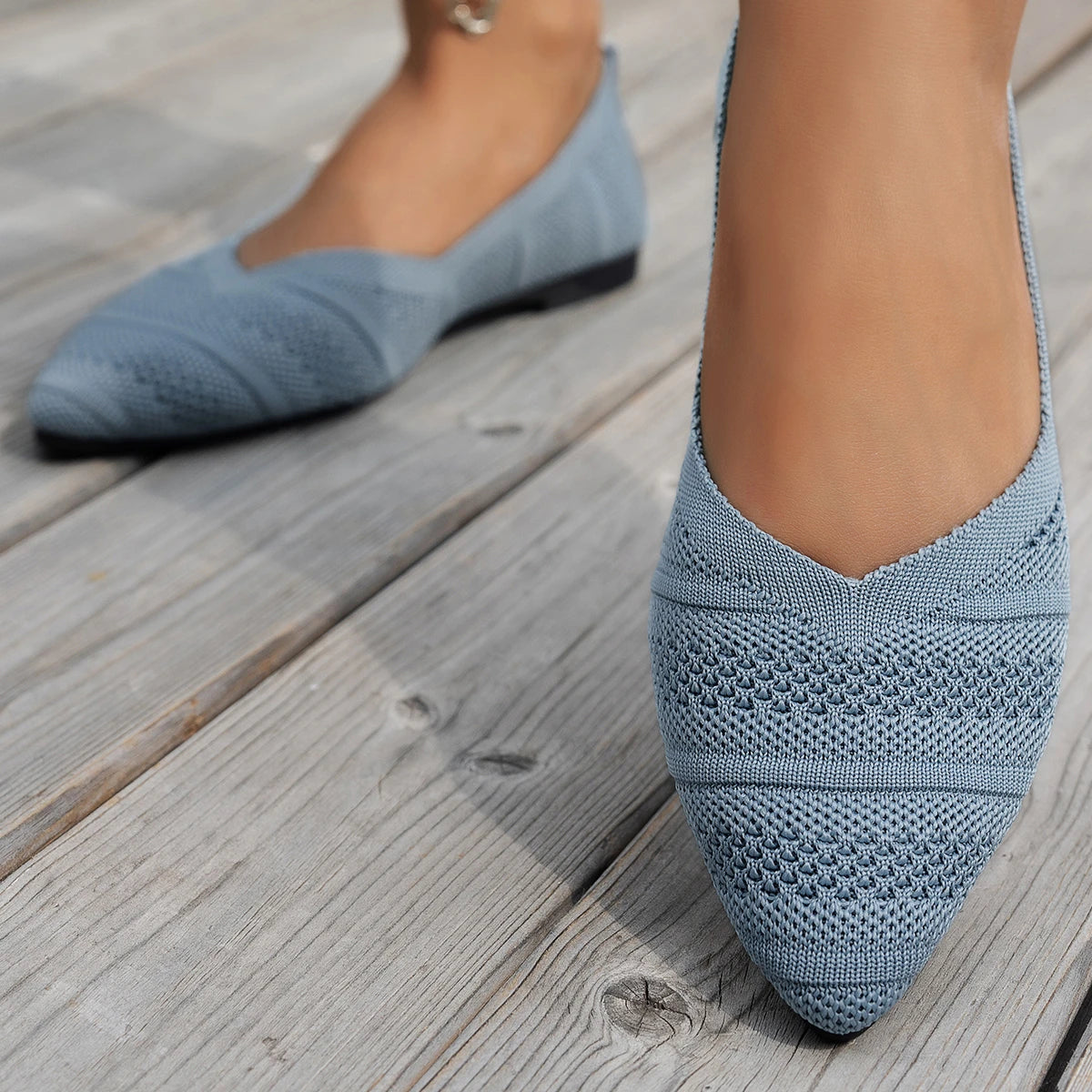 Xajzpa New Women's Pointed Toe Flat Shoes Solid Color Knitted Slip on Ladies Shoes Casual Breathable Ballet Women Flat Shoes Loafers