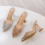 Xajzpa Elegant Pointed Toe Clear High Heels Wedding Prom Shoes Fashion Crystal Diamond Rivet PVC Transparent Sandals Women Pumps