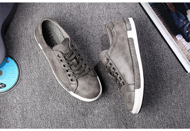 Xajzpa Men's Casual Leather Shoes for Men Fashion Four Seasons Breathable Lace-up Athletic Shoes Shallow Skate Shoes Large Sizes 38-48