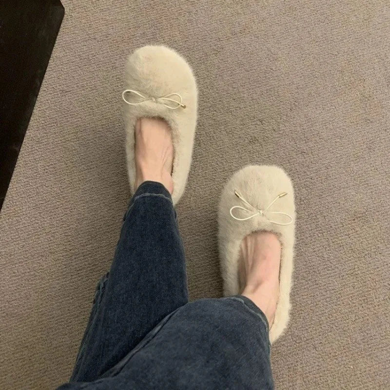 Xajzpa New Fashion Women's Shoes Flats Low Heels Casual Female Sneakers Slip-on Loafers Fur Round Toe Shallow Mouth Boat Slip on Winter