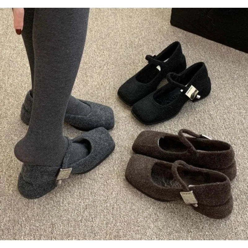 Xajzpa Spring Autumn Women's Luxury Party Shoes Medium Heel Retro Square Toe Velvet Mary Jane Shoes Flat Square Buckle Single Loafers