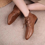 Xajzpa Women's Ankle Boots Solid Color Leather 2026 Autumn Fashion Pointed Toe Lace-up Flat Boots for Women Casual Retro Sewing Shoes