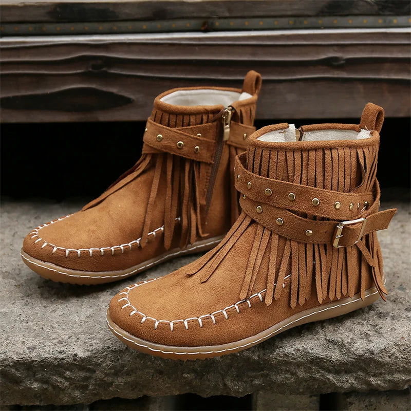 Xajzpa  Botines Autumn Flat Heel Ankle Boots Retro Suede Tassel Women Boots Fashion Round Toe Soft Sole Short Boots Casual Women Shoes