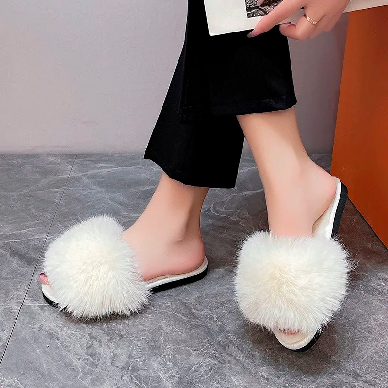 Xajzpa New Woman Slippers Winter Simple Word Fur Flats Soft Home Women Slippers Faux Fur Warm Bedroom Leisure Female Shoes
