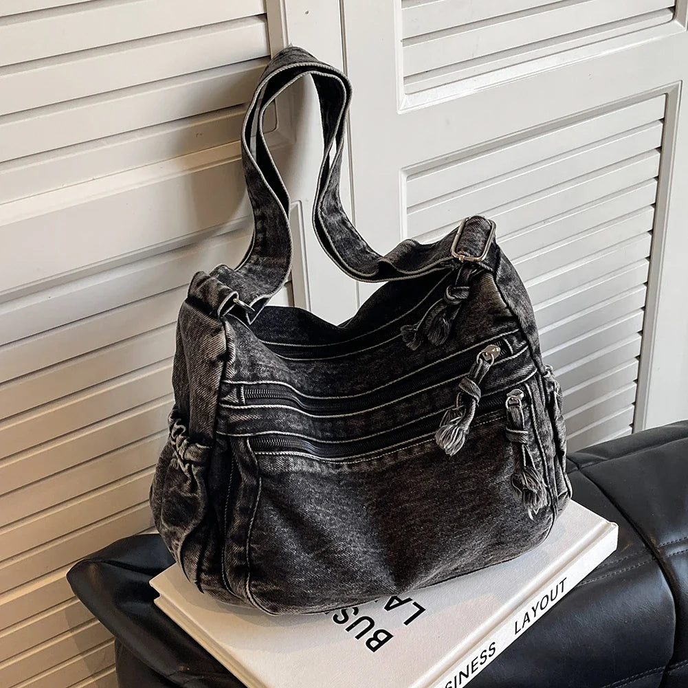Xajzpa  Women Casual Satchel Bag Large Capacity Denim Vintage Messenger Bag Adjustable Strap Daily Tote Bag Multifunction Chic Hobo Bag