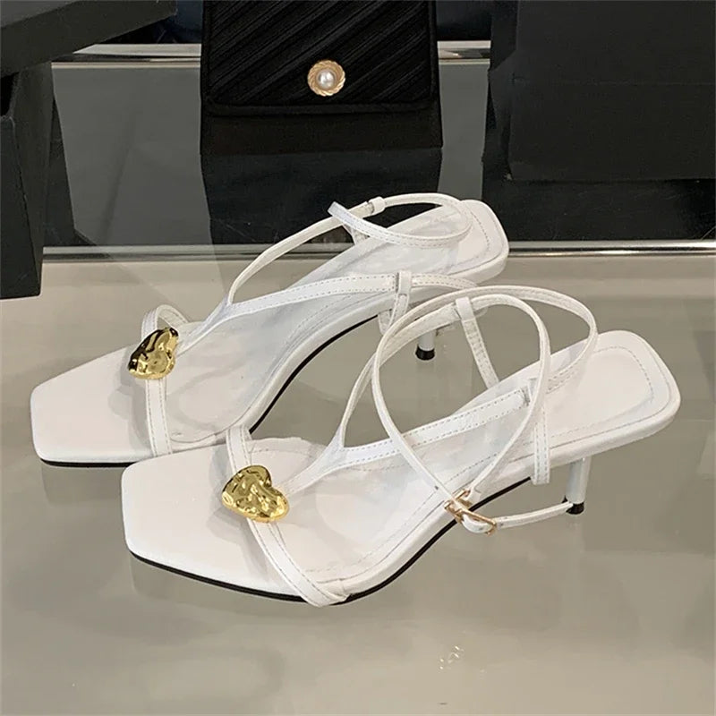 xajzpa Summer Fashion Metal Buckle Narrow Band Sandals Women Band Open Toe Thin Low Heel Gladiator Party Shoes Zapatos De Mujer