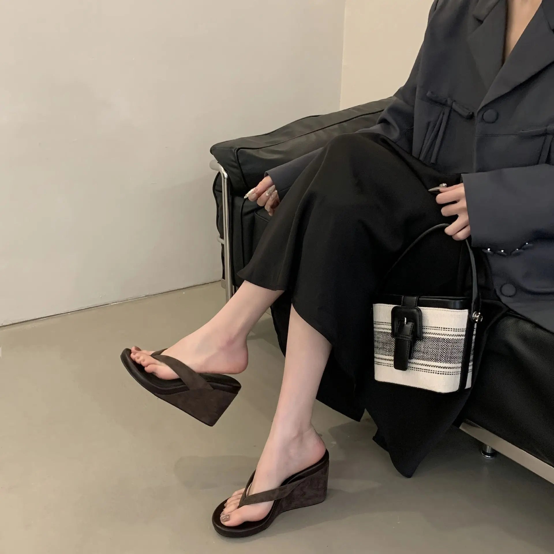 Xajzpa Comfort Shoes for Women High Heel Sandals 2025 Summer Suit Female Beige Flip Flops Platform Clogs Wedge Round Toe Retro High-hee