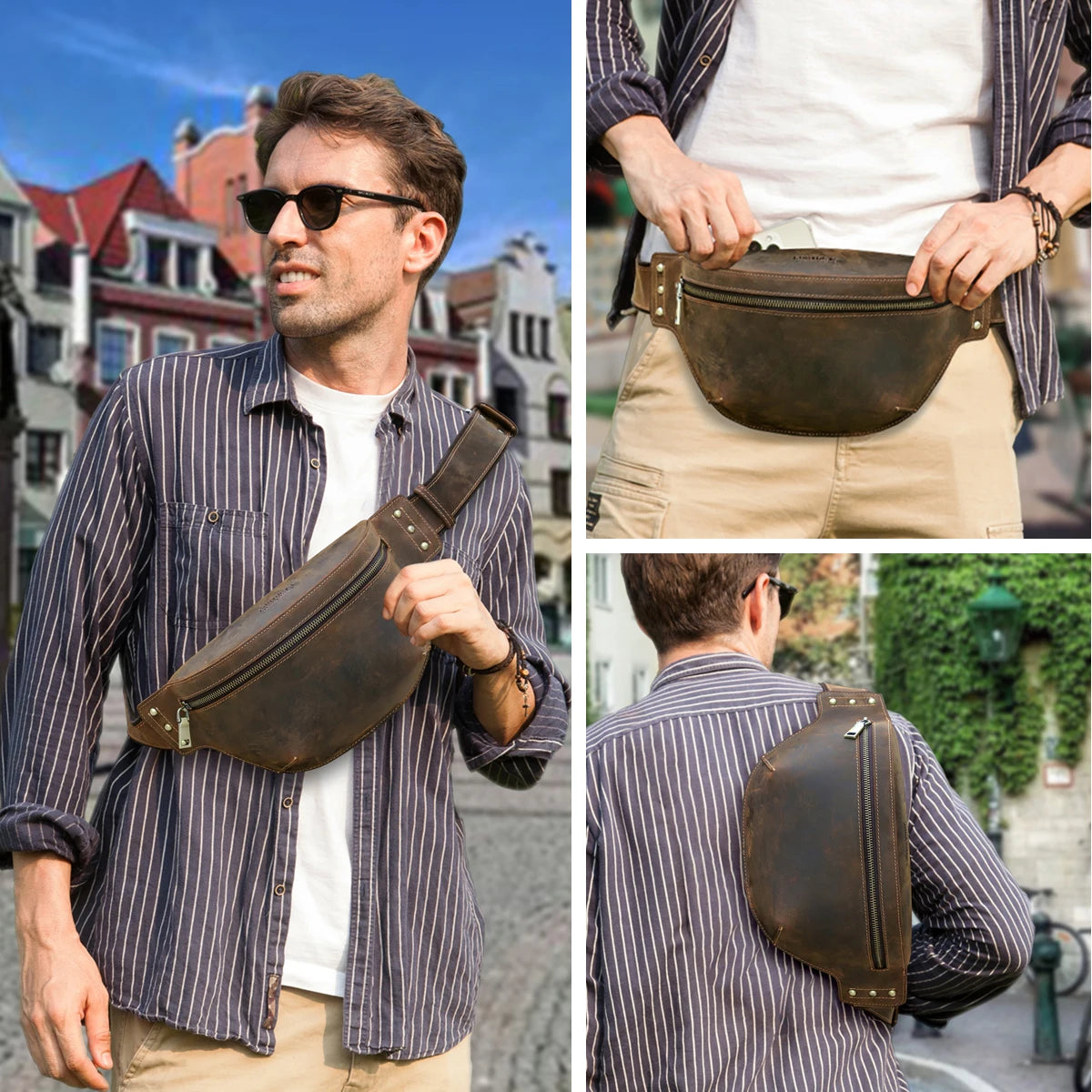 Xajzpa Genuine Leather Waist Bags Crazy Horse Leather Men Waist Pack Hip Bum Bag Crossbody Bag Travel Bag for 8.3" iPad Mini