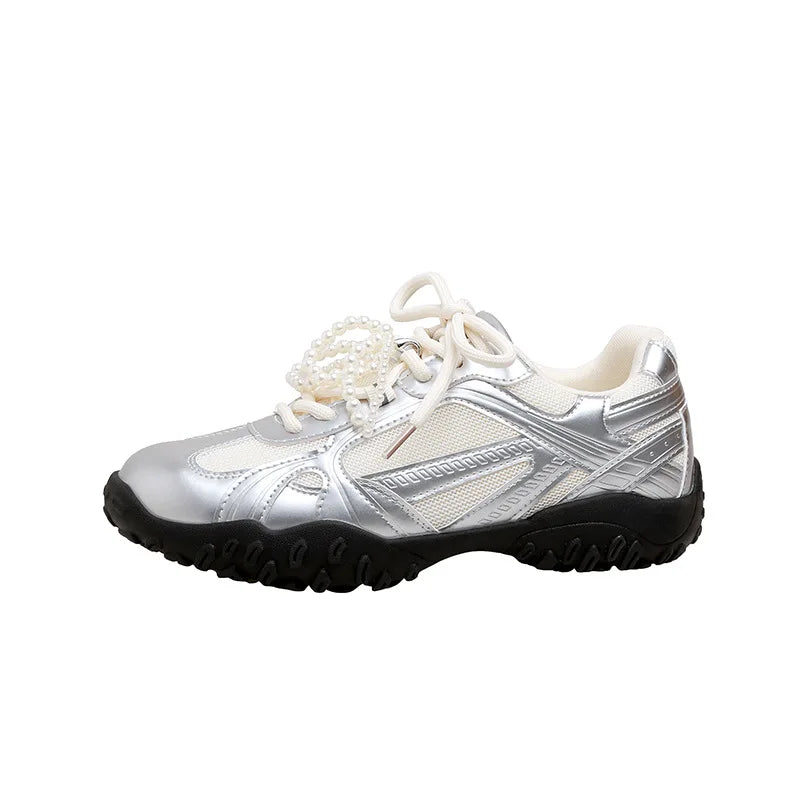 Xajzpa 2025 Summer New Color Breathable Soft Sole Comfortable Women Shoes Crescent Insole Height Lace Pearl Casual Sneakers