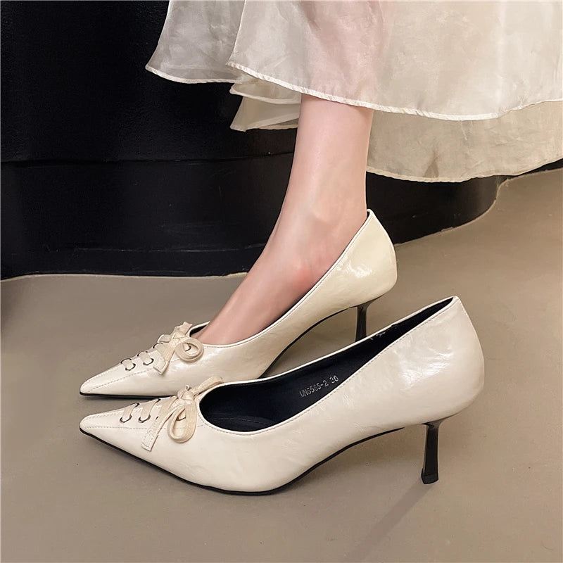 Xajzpa New Style Women's Fashion Female Shoes Slip on Women's High Heel Classics Dress Pumps Women Pointed Toe Thin Heels Bow Tie Shoes