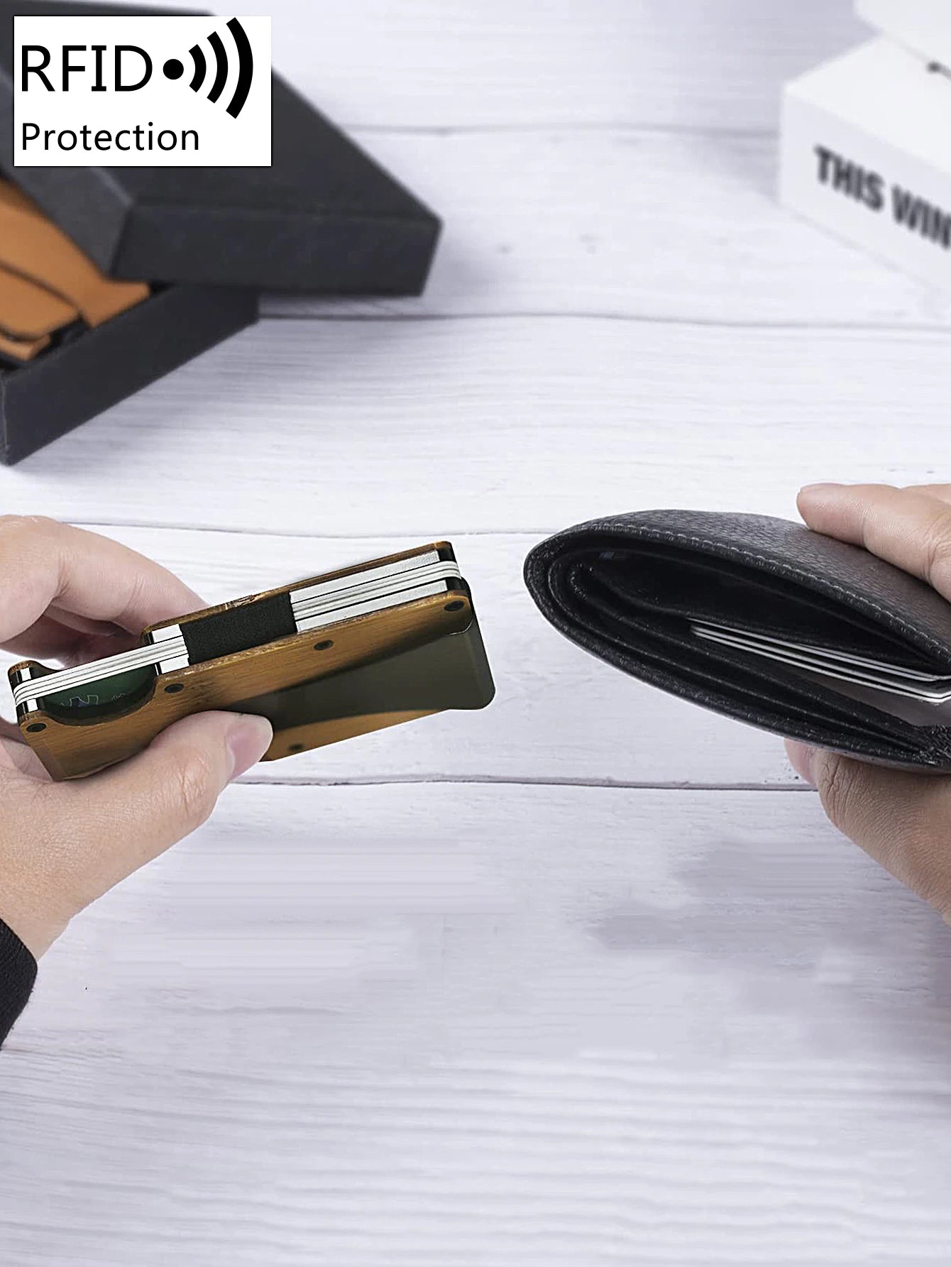 Xajzpa RFID Blocking Men's Wooden Wallet Ultra Thin Metal Money Clip for Men Minimalist Wooden Aluminum Wallet Card Holder