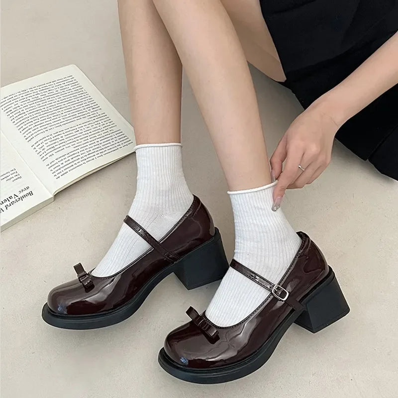 Xajzpa Brown Jk Uniform Shoes British Style Retro Japanese Mary Jane Shoes Women's Lolita Bow Sweet Girls Kawaii Mid Heel Cute Laofers