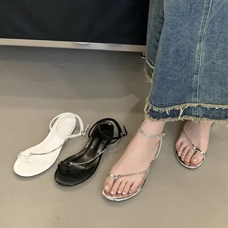 Xajzpa Summer Fashion Clip Toe Sandals Women Buckle Strap Thin Low Heels Chain Narrow Band Silver Party Dress Shoes