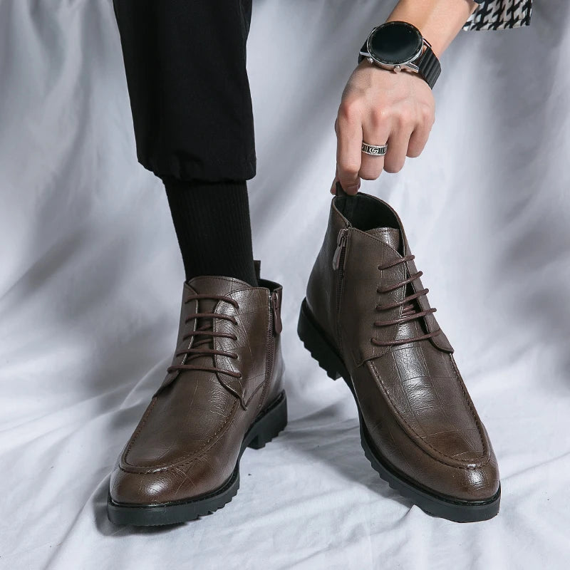 Xajzpa New Men's Trendy Boots Lace up Black Dress Fashionable Breathable Ankle Boots Leather Boots Casual Sports Shoes