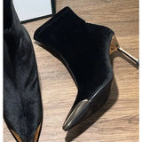 Xajzpa New Style Women's Concise Black Women Ankle Boots Pointed Toe Design Metal Decoration High Stiletto Heels Shoes Zapatos Mujer