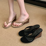 xajzpa New Fashion Shallow Round Clip Toe Wedge Woman Slippers Summer Timber High Heels Flip Flops Slide Shoes