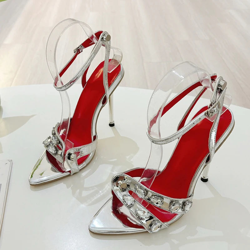 Xajzpa Summer Fashion Gem Rivet Narrow Band Women's Metal Thih High Heels Sandals Sexy Pointed Open Toe Party Dress Shoes Size 41