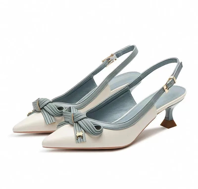 Xajzpa Elegant bow thin heel pointed toe shallow mouth single shoe color blocked simple casual fashionable women's shoes