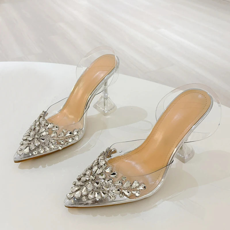 Xajzpa Elegant Pointed Toe Clear High Heels Wedding Prom Shoes Fashion Crystal Diamond Rivet PVC Transparent Sandals Women Pumps