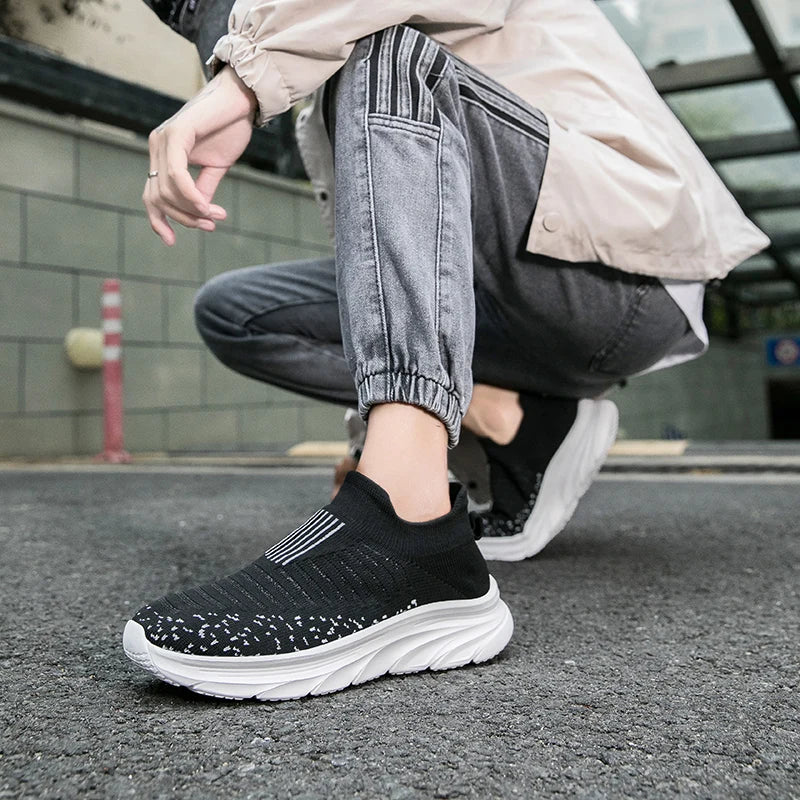 Xajzpa Men Flat Shoes Lazy Plus Size Socks 39-50 High Elasticity Knitted Fabric Comfortable Black Sports Shoes for Walking and Running