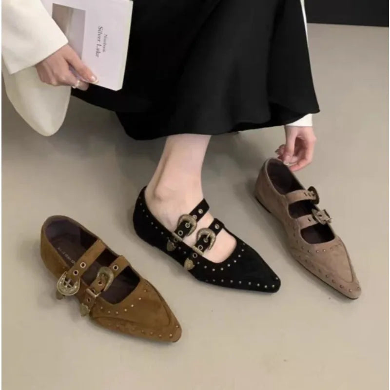 Xajzpa New Pointed Toe Women Mary Jane Shoes Fashion Shallow Buckle Shoes Ladies Casaul Dress Low Heel Leather Shoes Zapatos De Mujer