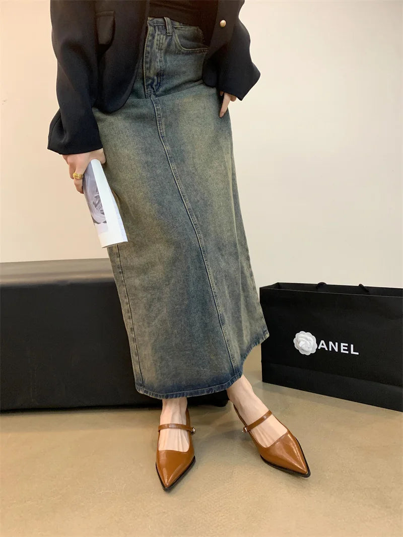 Xajzpa Retro Style Thick Heel Spring and Autumn Women Mary Jane Shoes Fashion Shallow Pointed Toe Ladies Comfort Office Pumps Footwear