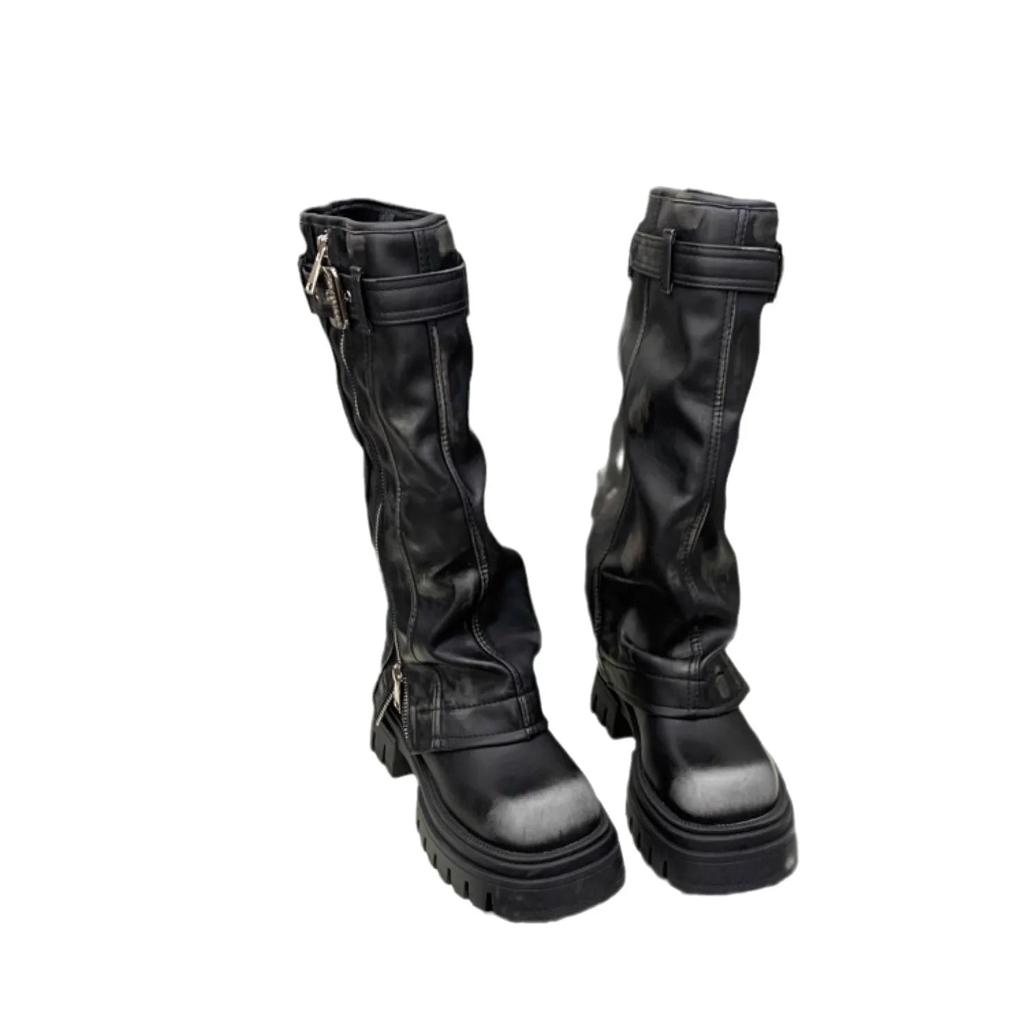 Xajzpa Med Heel Boots Round Toe Women's Genuine Leather Shoes Zipper Boots-Women  Over-the-Knee Rubber 2025 Lolita Lace-Up Western Floc
