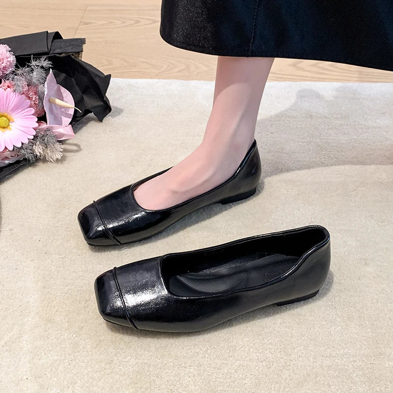 Xajzpa New Women's Genuine Leather Shoes Woman Square Toe Slip-on Loafers Casual Comfort Walk Shoes For Women Daily Outdoors Flat Shoes