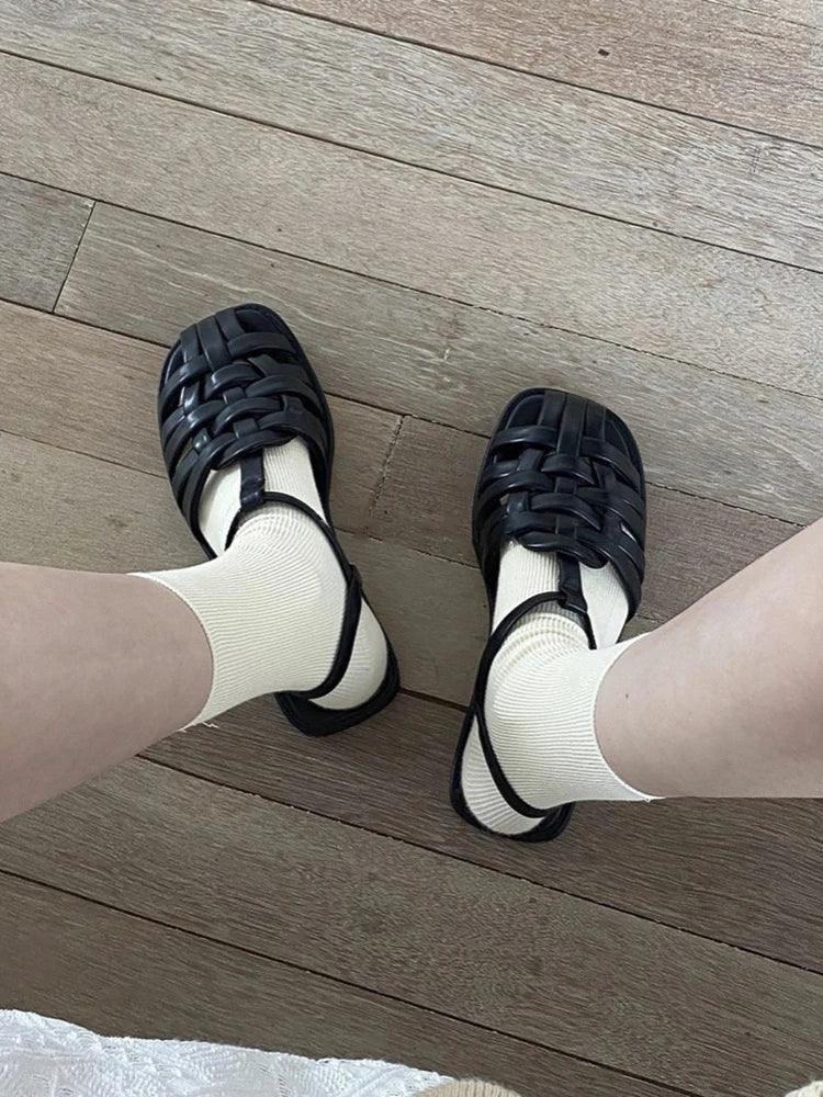 Xajzpa Shoes Female Sandal Women's Girls Beige New Summer Comfort Low Retro Flat Back Strap Square heel Rubber PU Scandals Solid C