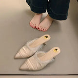 Xajzpa Female Shoes Slippers Women Summer Slides Thin Heels Cover Toe Heeled Mules Lace 2025 High Pointed Shoes Woman 2025 Female Mule