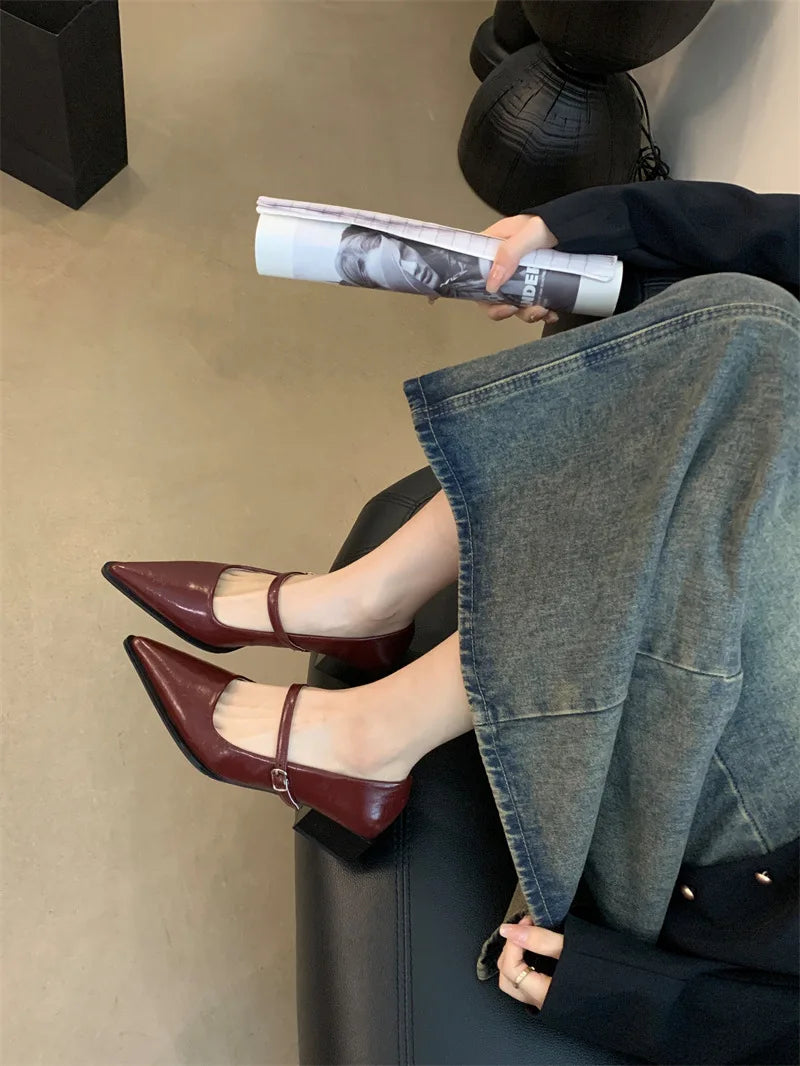 Xajzpa Retro Style Thick Heel Spring and Autumn Women Mary Jane Shoes Fashion Shallow Pointed Toe Ladies Comfort Office Pumps Footwear