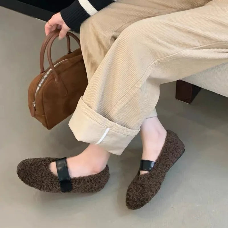 Xajzpa New Women Ballet Laofer Flat Shoes Fashion Shallow Slip on Ladies Fur Mary Jane Shoes Soft Outdoor Granny Shoes Zapatos Mujer