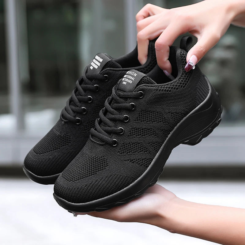Xajzpa Women's Casual Shoes Breathable Walking Mesh Fabric Lace Up Flat Sports Shoes Women's Tenis Feminino Black Hiking Running Shoes