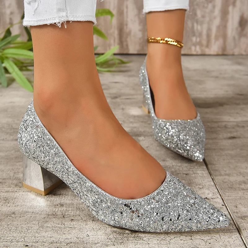 Xajzpa Silver Glitter Thick Heels Pumps Women Luxury Pointed Toe Party Wedding Shoes Woman Plus Size 42 Shallow High Heels Pumps Ladies