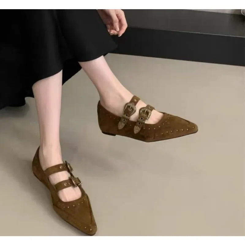 Xajzpa New Pointed Toe Women Mary Jane Shoes Fashion Shallow Buckle Shoes Ladies Casaul Dress Low Heel Leather Shoes Zapatos De Mujer